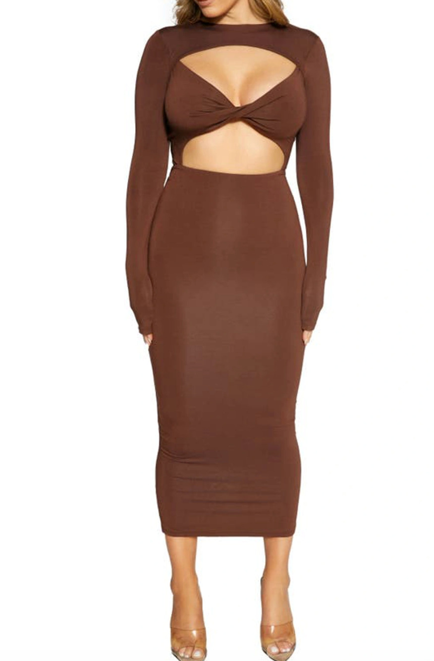 Naked Wardrobe Smooth Twist Brown Long Sleeve Cutout Midi Dress Size M Stretch